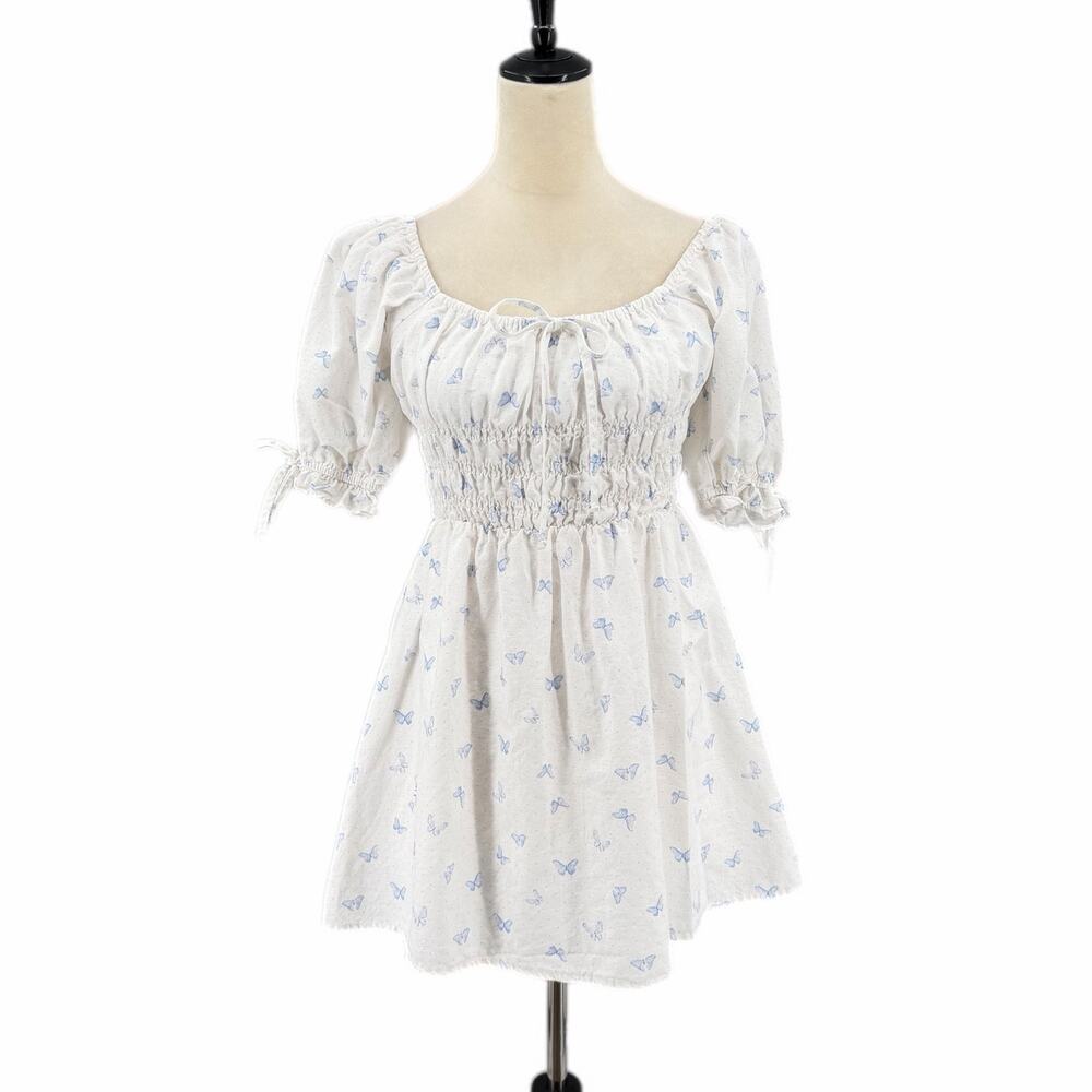 Charlie Holiday White Blue Butterfly Linen Cotton Fairycore Cottagecore Dress